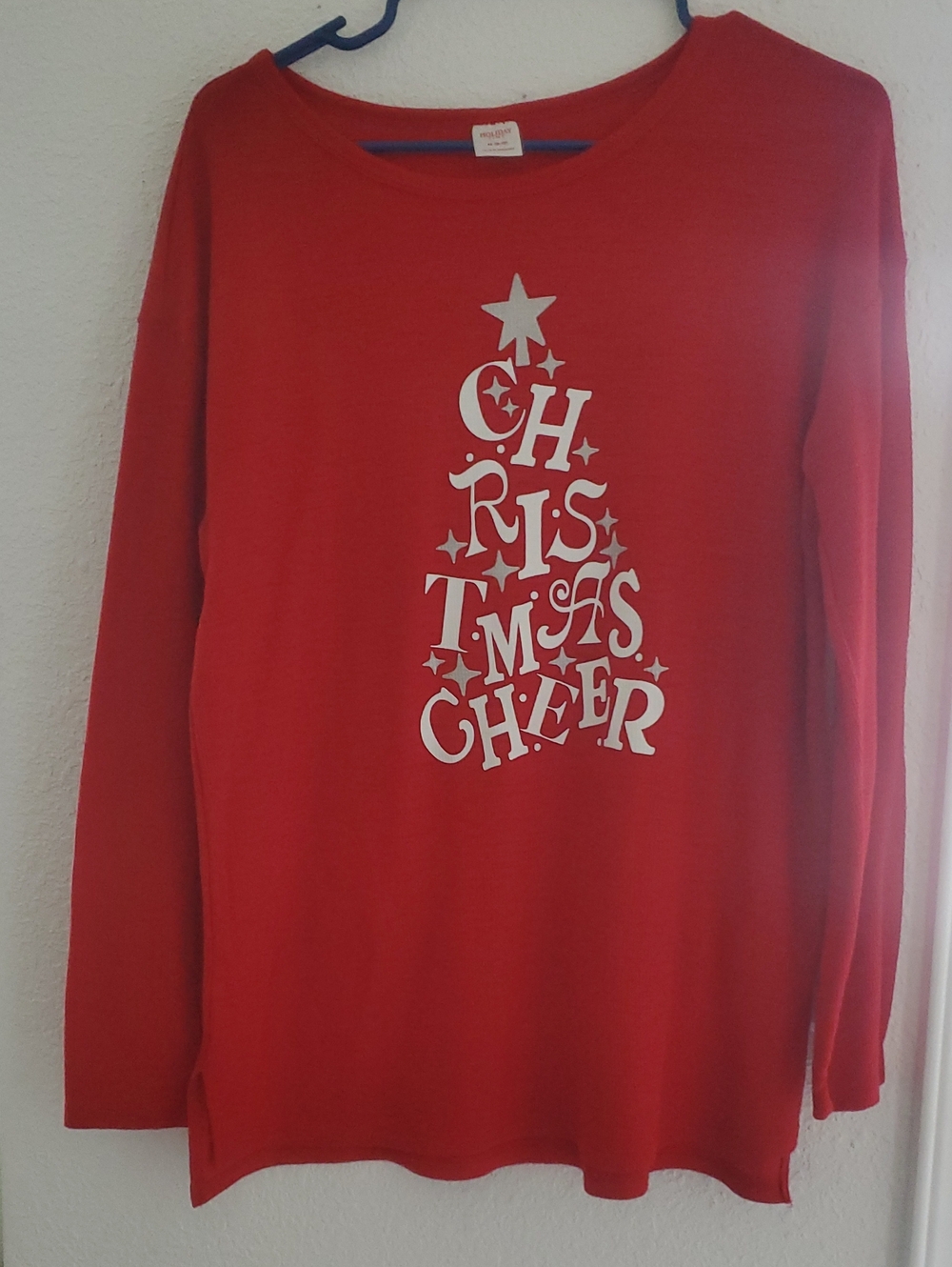 Holiday Time Red Crewneck Sweater with White Christmas Tree Lettering